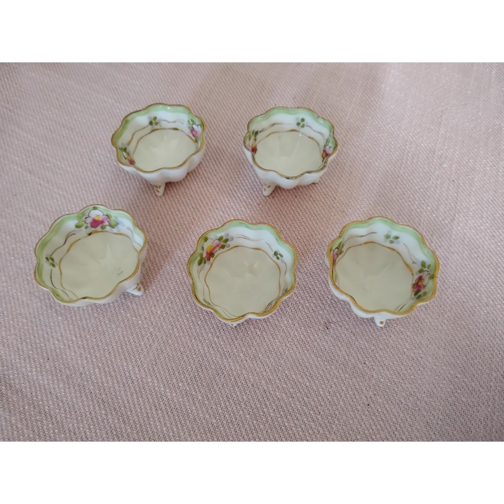 Nippon hand painted 5 salt cellars dish footed floral 1 Has Been Repaired